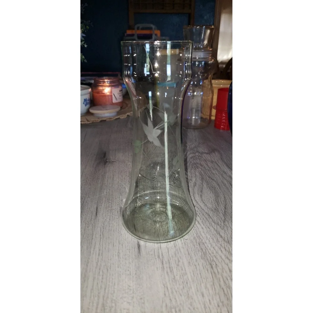 Vintage Etched Clear Glass Floral Vase Waisted Flared Rim Centerpiece Decor